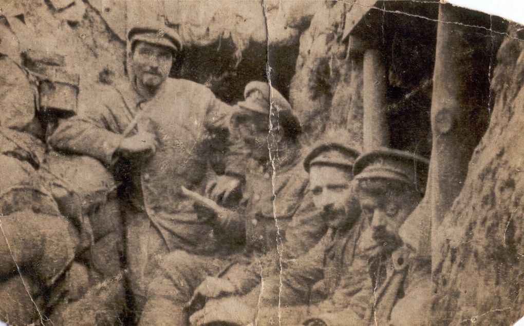 The Hertfordshire Regiment in trenches early 1915, left to right: Pt. Wooley Waltham, Bugler William Hills, CSM Davey and Pt Shadbolt.