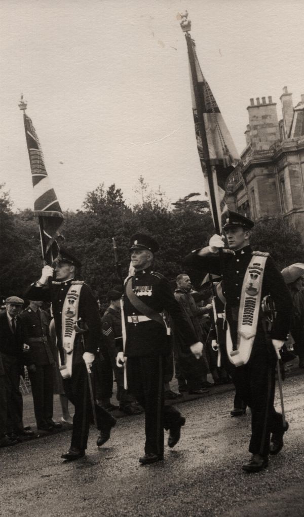 Colour bearers of the 1st Battalion The Bedfordshire & Hertfordshire Regiment (TA), following the presentation of colours by the Queen Mother at Luton Hoo on Saturday 13th July 1963.
