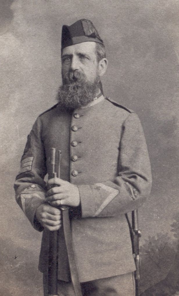 Sergeant Samuel Harry in full dress, drill order, circa 1870s. Sergeant Harry was a Hertford clockmaker and jeweller.